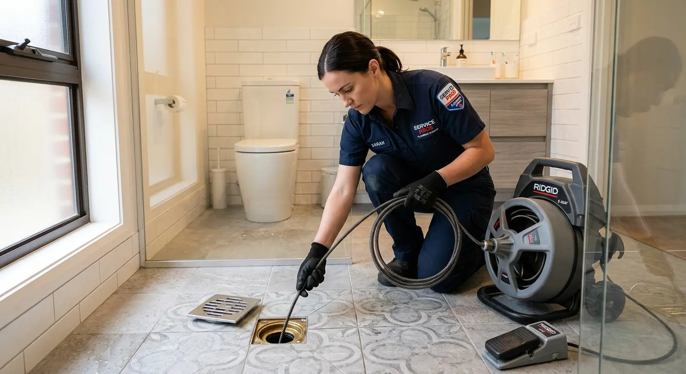 Technician clearing a bathroom floor drain for Clogged Drain Repair in Whitehouse